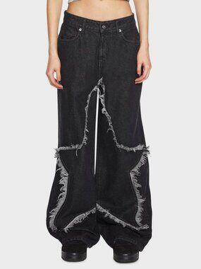 Basic Pleasure Mode Ziggy Jeans Oversized w/ Frayed Star in Washed Black Size 6